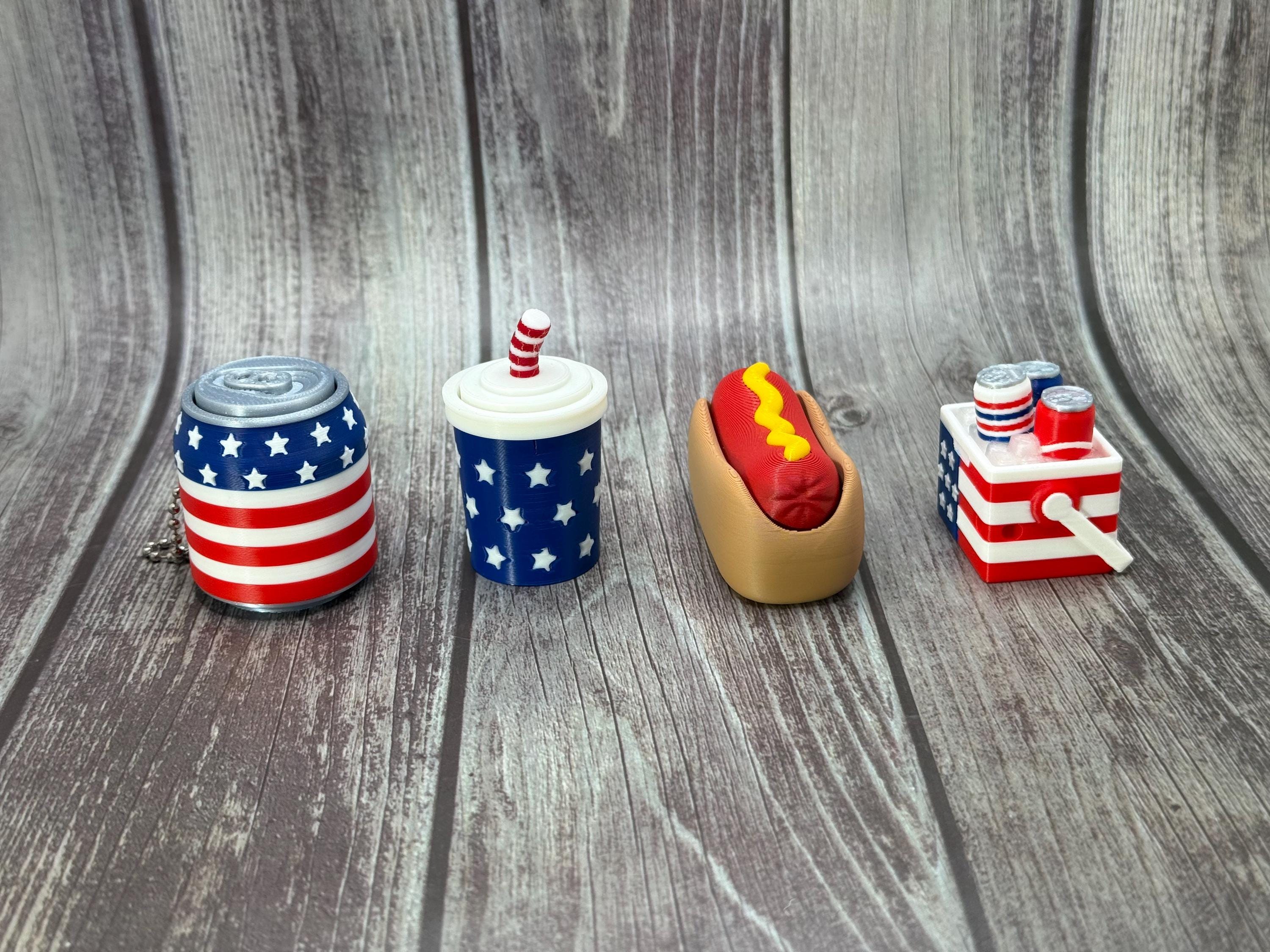3D Printed Patriotic Food Keychains | Hot Dog, Soda Can, Drink Cup Fidget Clickers