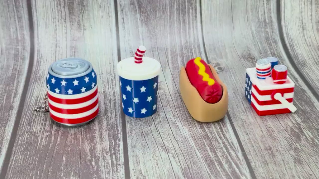 3D Printed Patriotic Food Keychains | Hot Dog, Soda Can, Drink Cup Fidget Clickers